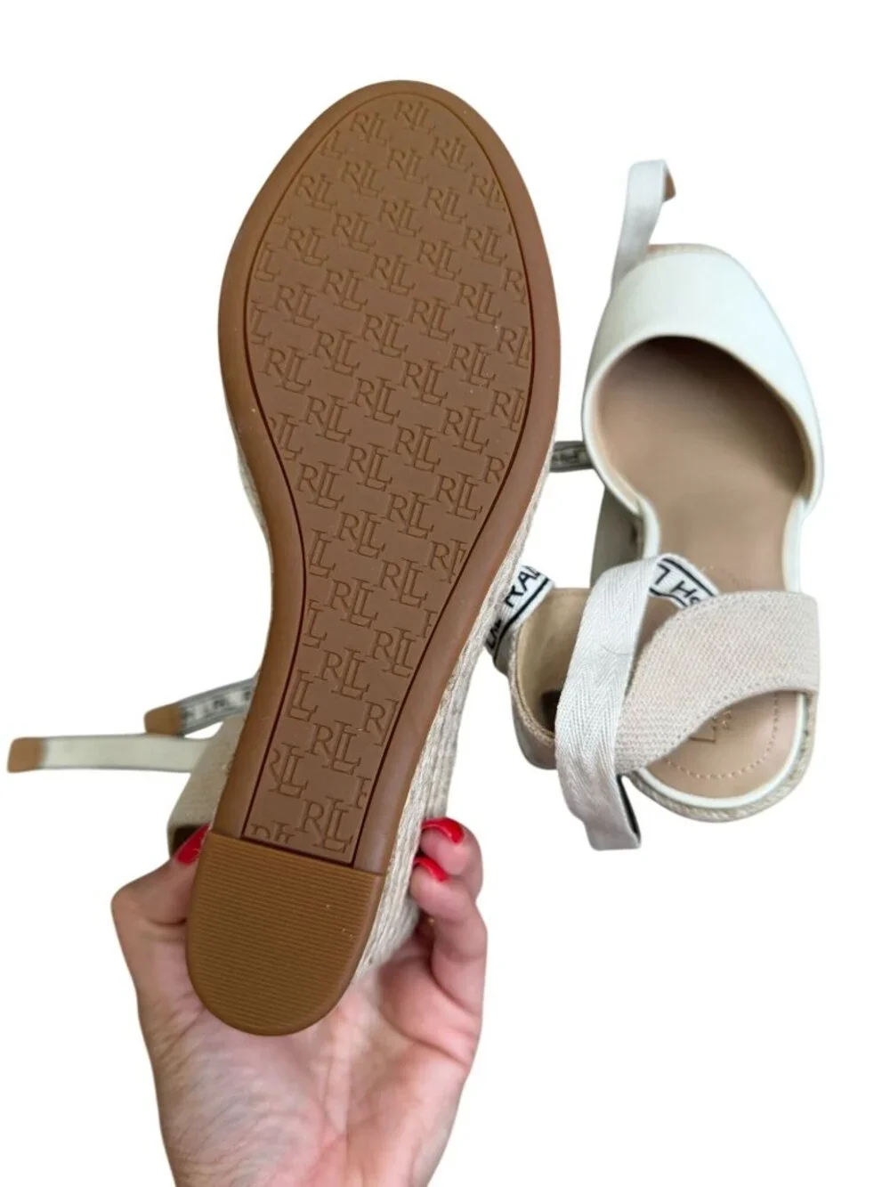 LAUREN RALPH LAUREN Ivory Leather Laceup Espadrilles Wedges Size 7.5 NEW NWOB - Picture 3 of 8